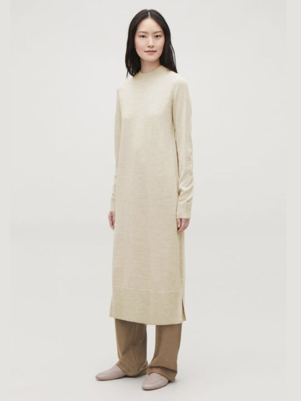 XS Beige Taupe Sweater Dress Knit Stretch Soft Insulating Long Sleeve Thumb Hole